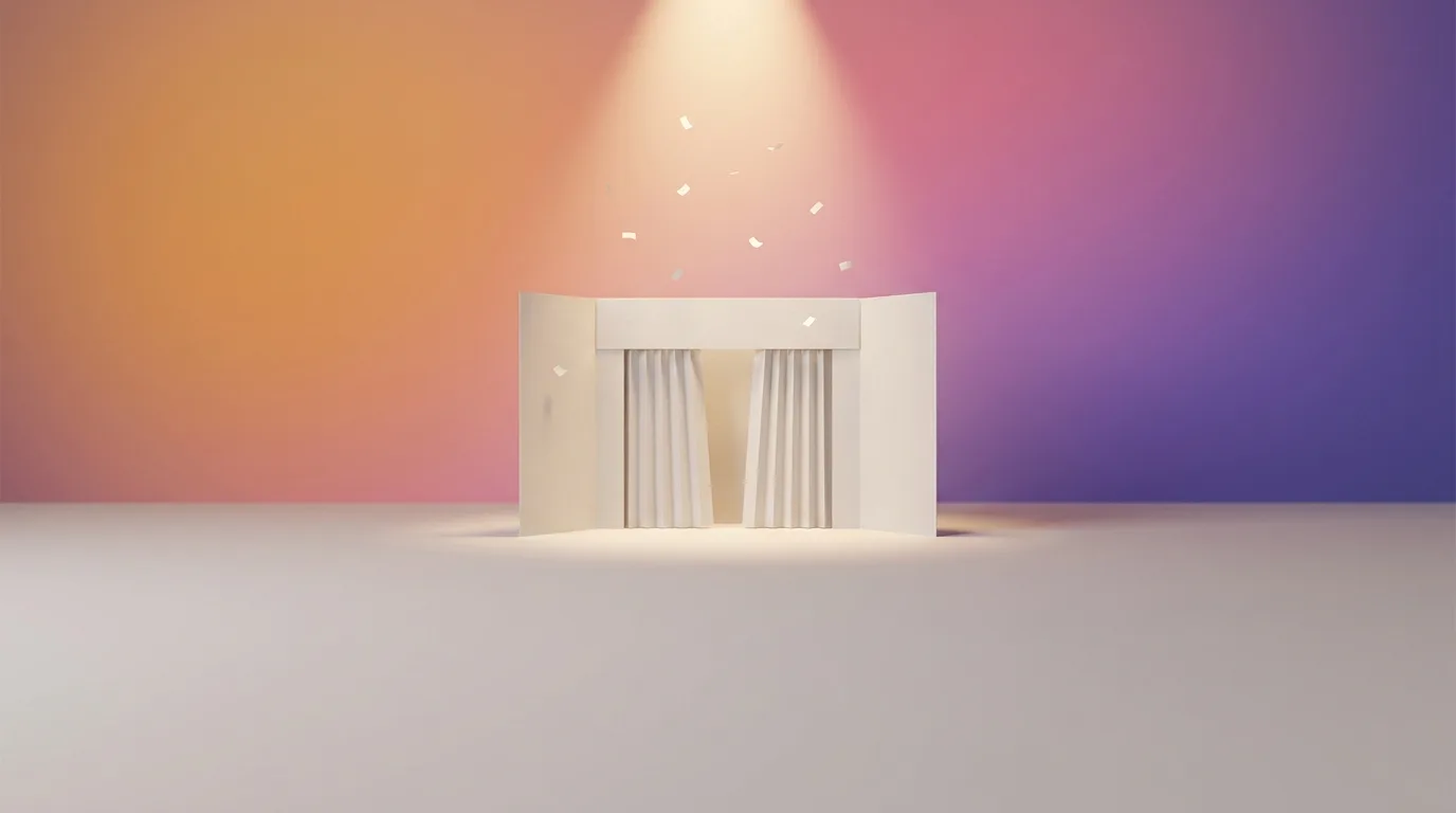 A paper-craft stage with closed curtains under a spotlight